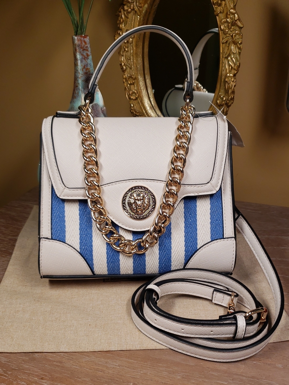 ALDO Blue & White Striped Satchel Crossbody w/ Gold Lion & Chain Accent NWT! - Picture 11 of 11